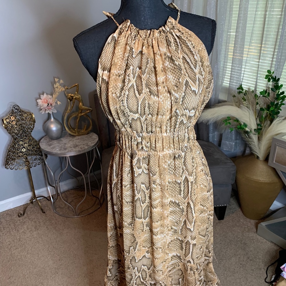 Snakeskin Sleeveless Ruffle Midi Dress with Peephole Back Detail